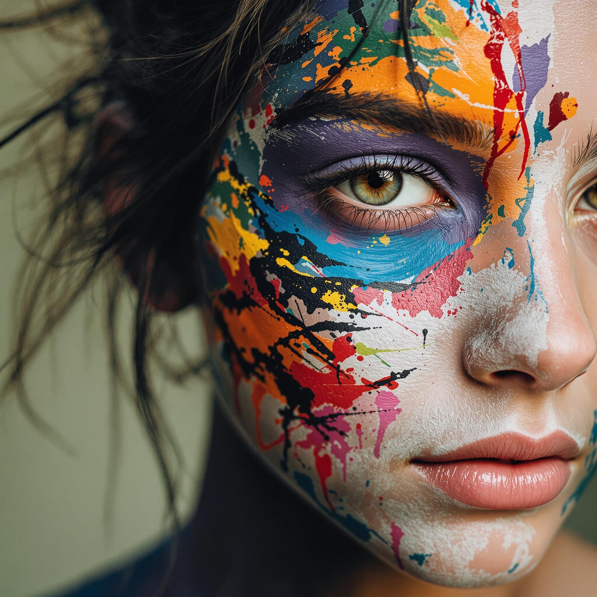 AI generated: a girl with paint on her face, in the style of different colors, master of ink, acrobatic self-portr...