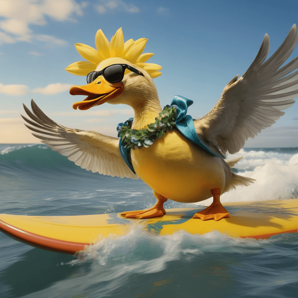 AI generated: A bright yellow duck, wearing oversized mirrored sunglasses and a tropical flower necklace, balances...