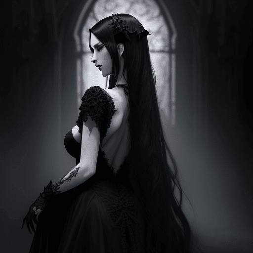 AI generated: A stunningly beautiful female vampire stands in a dark, gothic setting. Her pale skin contrasts shar...