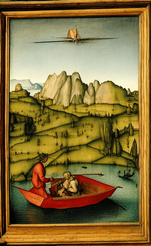 AI generated: a painting by Albrecht Durer of a museum showing a painting of his of a man in a small boat pushing ...