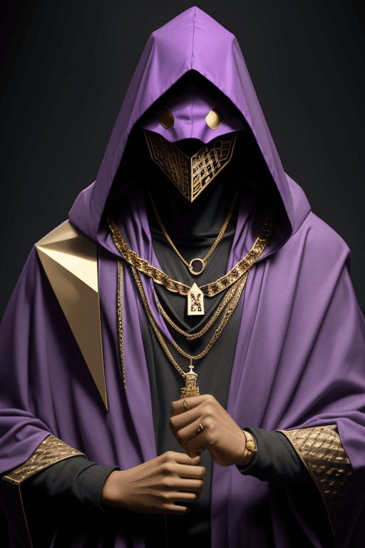 AI generated: Man in purple cloak hood, triangle mask, gold chains and jewellery. Invisible face