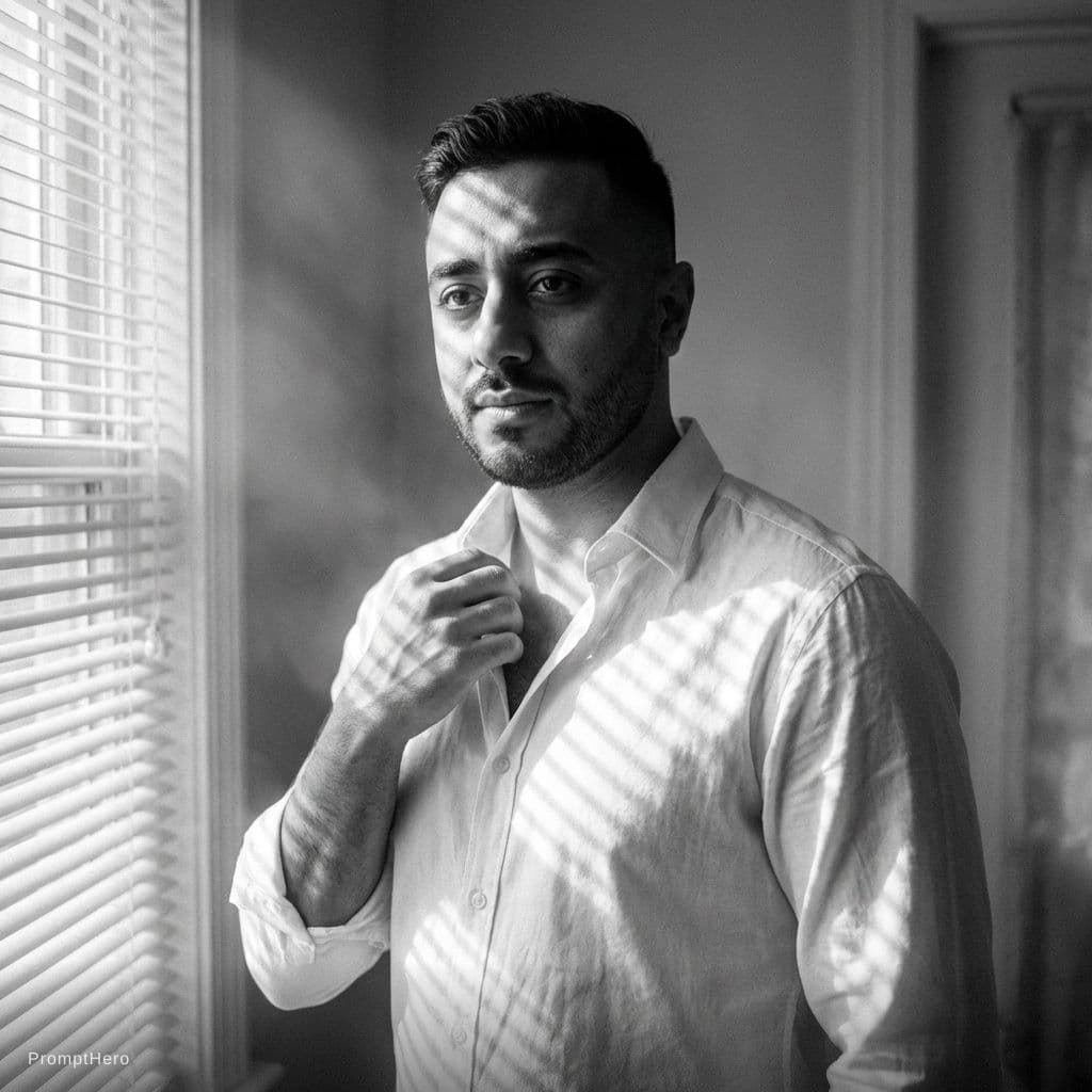 AI generated: Ultra-realistic 8K black and white cinematic mid-shot portrait of a young man (use provided face), s...