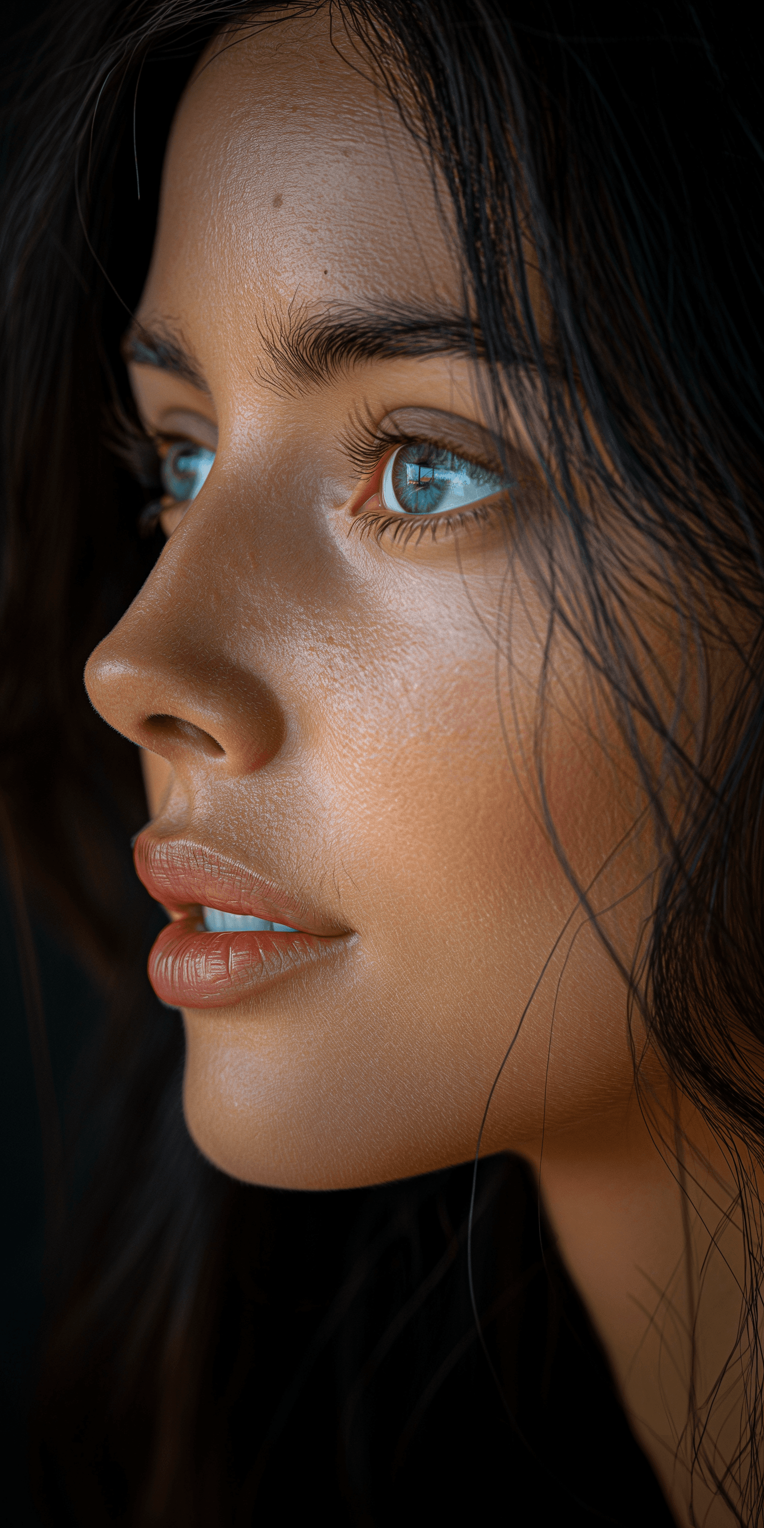 AI generated: hyper-realistic photograph, woman, a slight smile, side view looking away from the camera, close-up ...