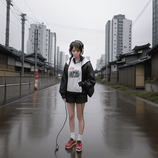 AI generated:  image should feature a girl wearing headphones, standing near a road in Japan, against a backdrop o...