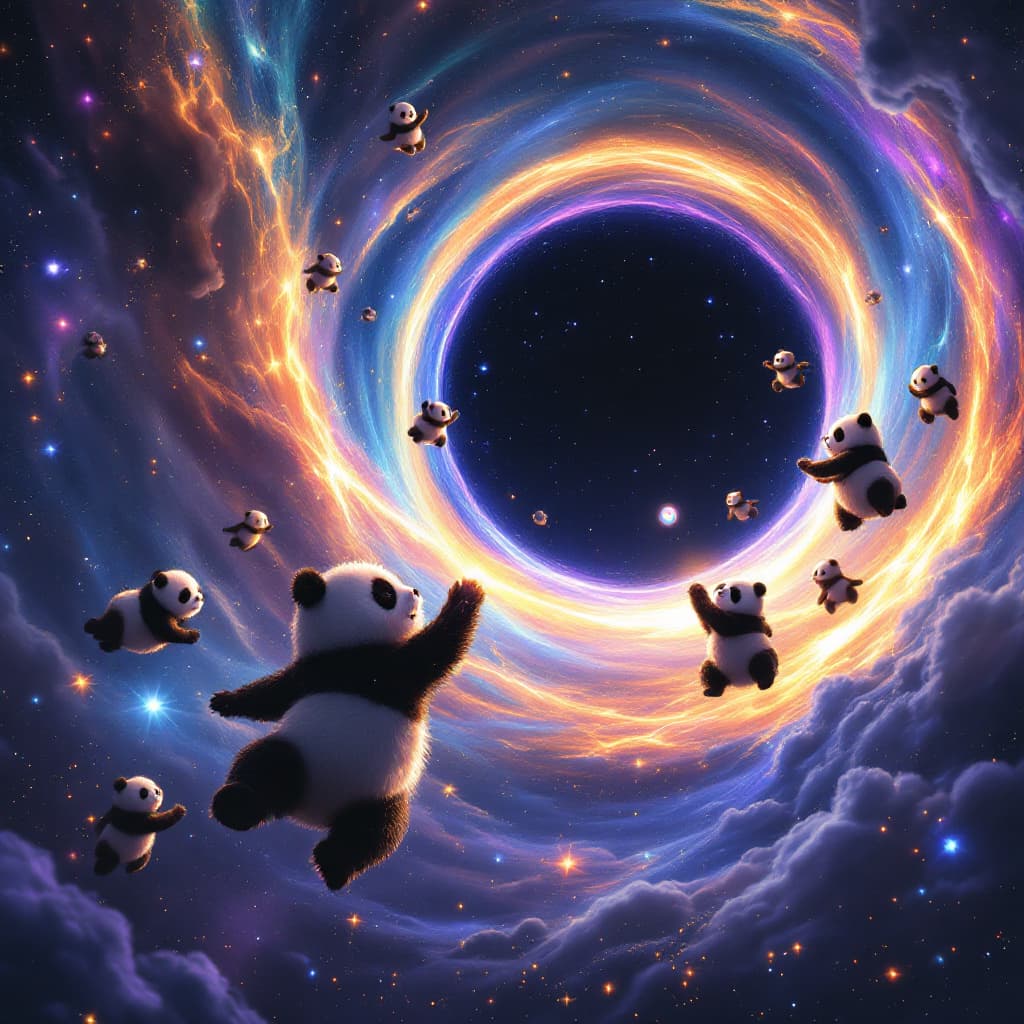 AI generated: A cosmic scene where several adorable pandas are floating near the event horizon of a massive black ...