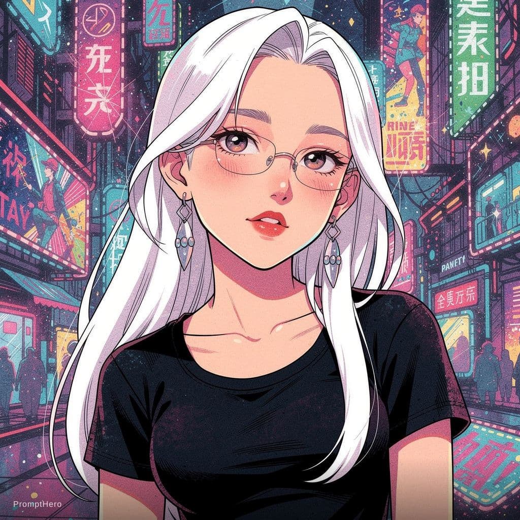 AI generated: an illustration of a woman with a white hair wearing a black t shirt, in the style of colorful fanta...