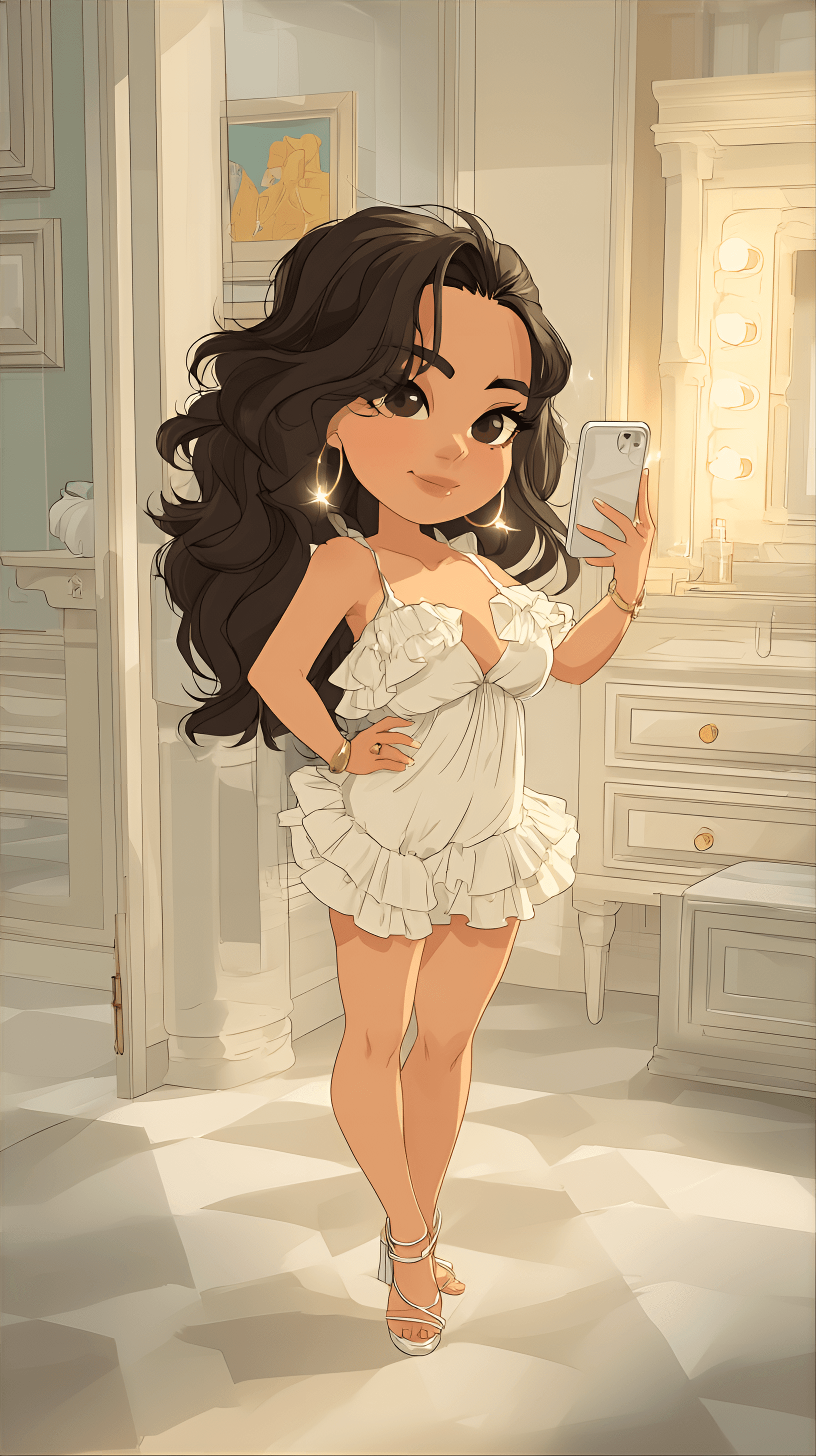AI generated: cute caricature chibi, curvy chibi selfie enthusiast, taking a mirror selfie, the curvy chibi selfie...