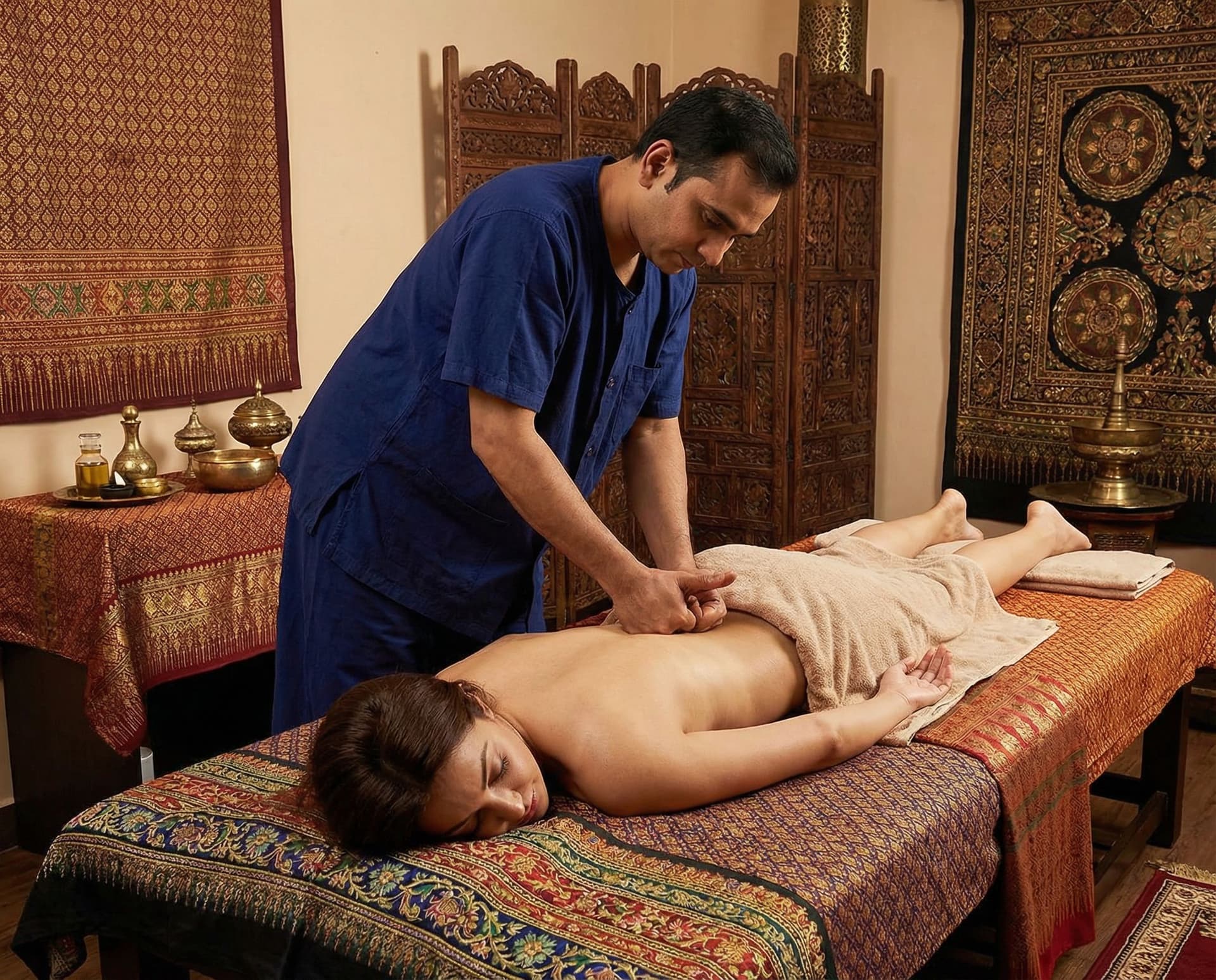 AI generated: thai massage  indian man giving a massage to a woman lying on a massage bed. Realistic pictures with...