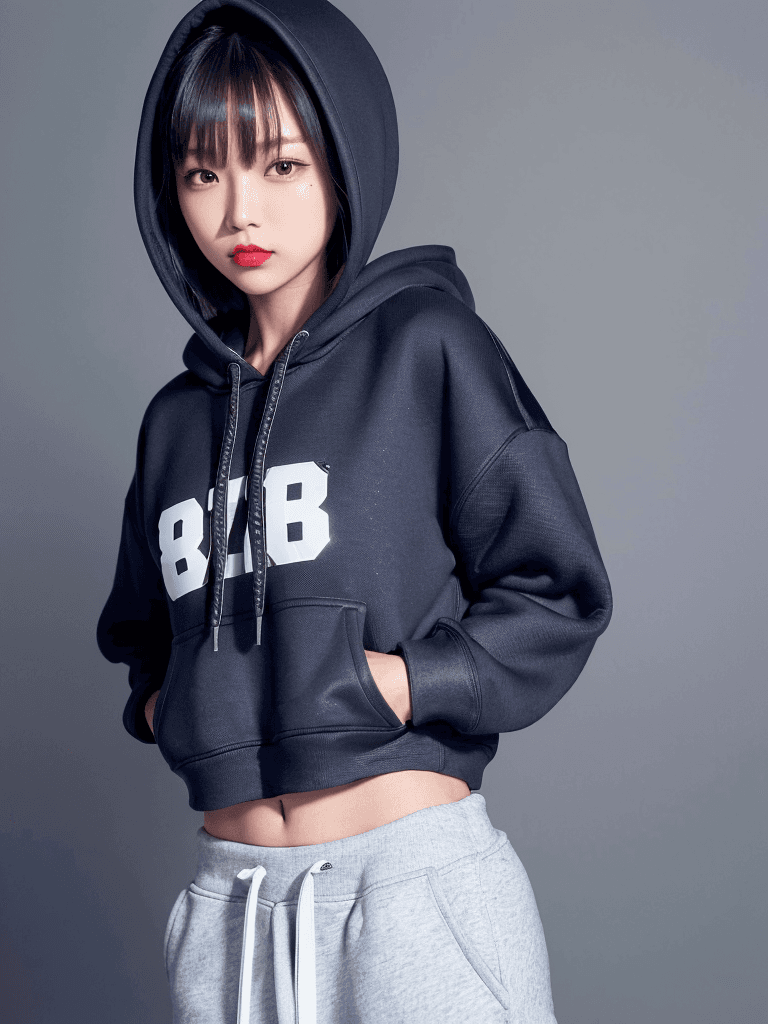AI generated: 1 girl, beautiful Korean girl, (Cute Loose Bob hair), (wearing a cropped hoodie, capri sweatpants:1....