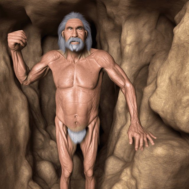 AI generated: the whole body of both an old prehistoric caveman standing in a prehistoric cave, talking, frontal v...