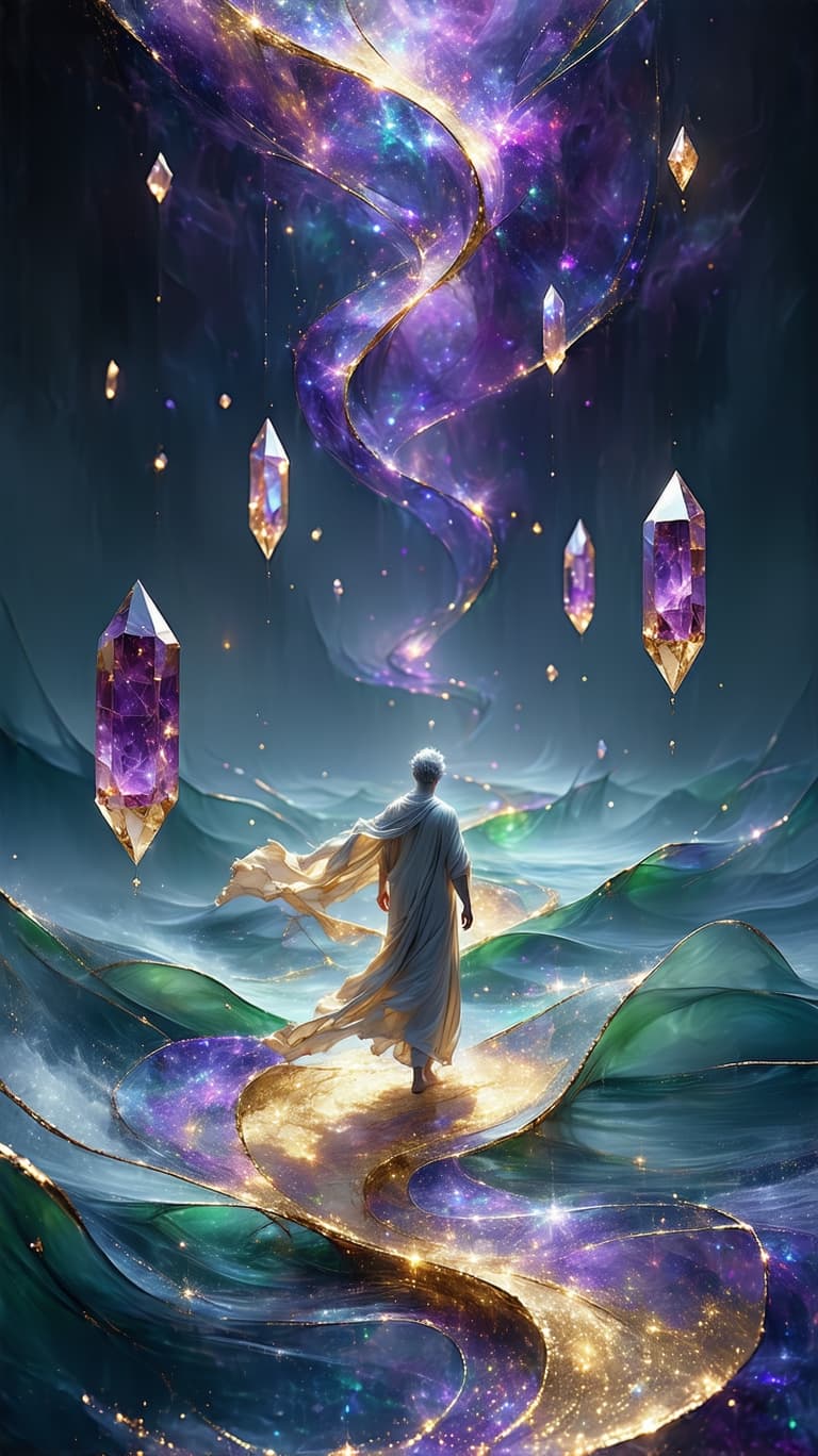 AI generated: A figure, their form shifting between gold and amethyst light, balances two floating crystalline pen...