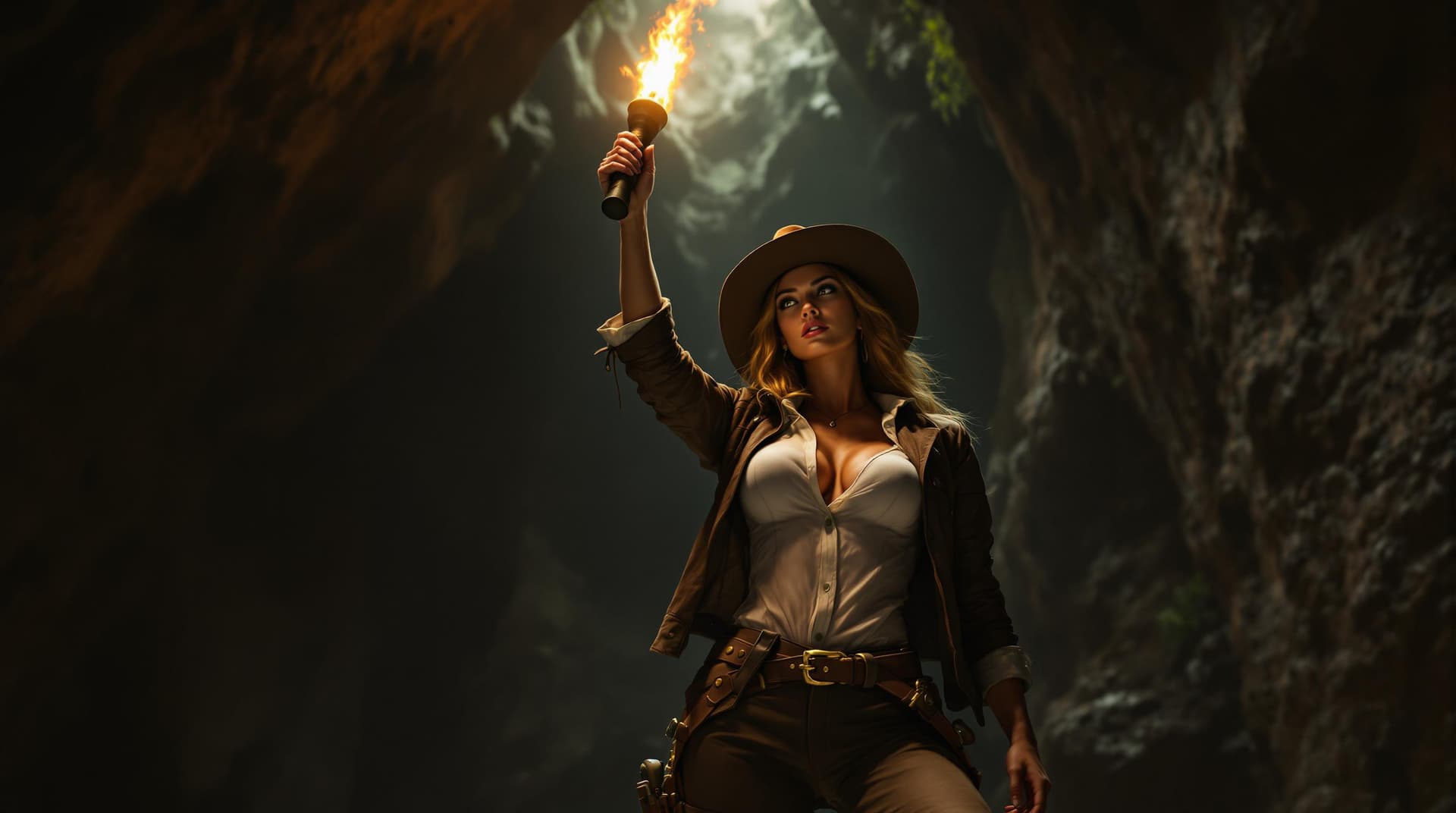 AI generated: This image depicts a beautiful stunning female Indiana Jones, with a large bosom posing heroically i...