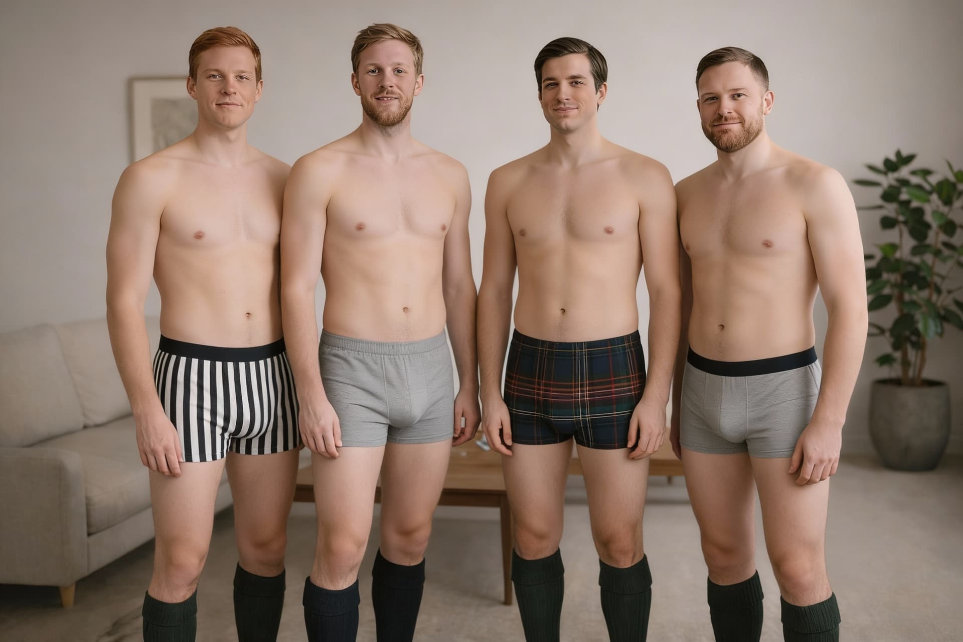 AI generated: Keep everything the same, but have the four men in just their boxershorts with no shirts on. The box...