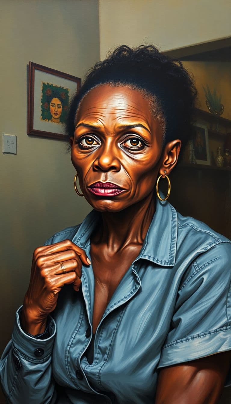 AI generated: a-breathtaking-oil-painting--fashionable-homeless-black-woman-home-interior-setting-anatomically-cor...