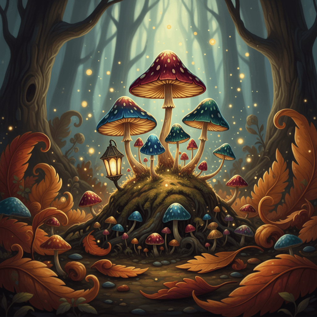 AI generated: "A stylized mushroom patch growing on the forest floor with fallen leaves"