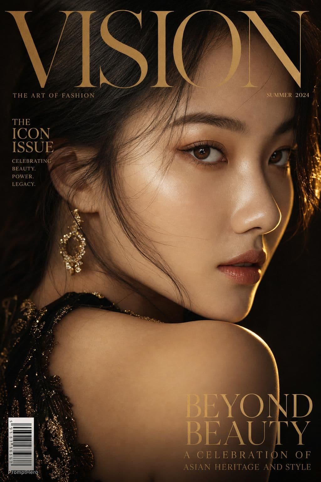 AI generated: Luxury extreme close-up portrait, magazine cover style, title "VISION",

featuring an elegant Asian ...