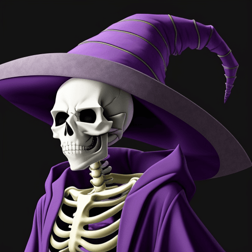 AI generated: a skeleton wizard wearing a purple wizard hat, purple robes, anime style
