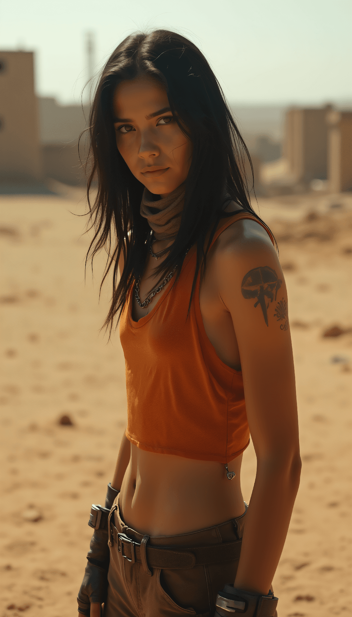 AI generated: dystopian style Close-up half body shot (from a drone flying High Angle from the right above the sub...