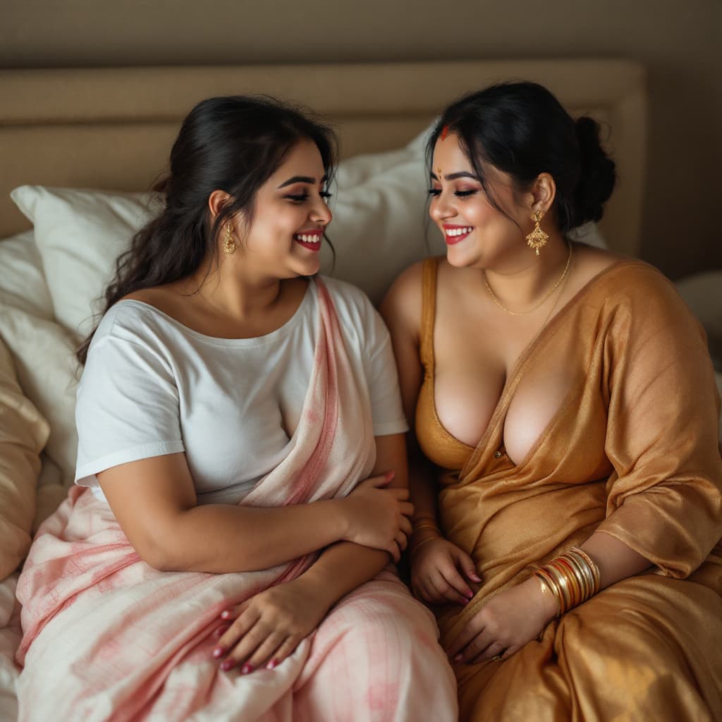 AI generated: A 24 year fair ,chubby , sexy indian girl wearing off-shoulder t-shirt showing clevage  sharing a be...