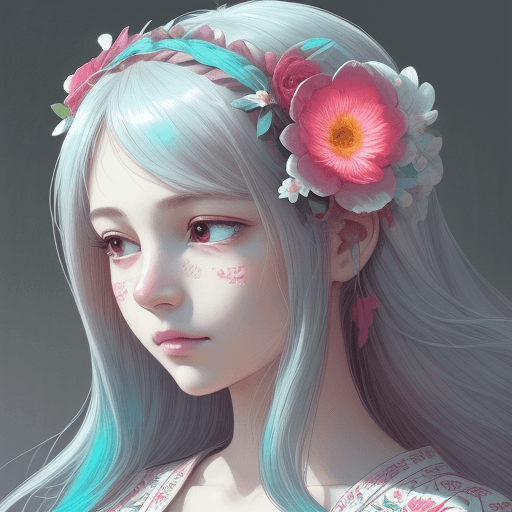 AI generated: a woman with flowers in her hair,  front view, dark white and light magenta, highly detailed illustr...
