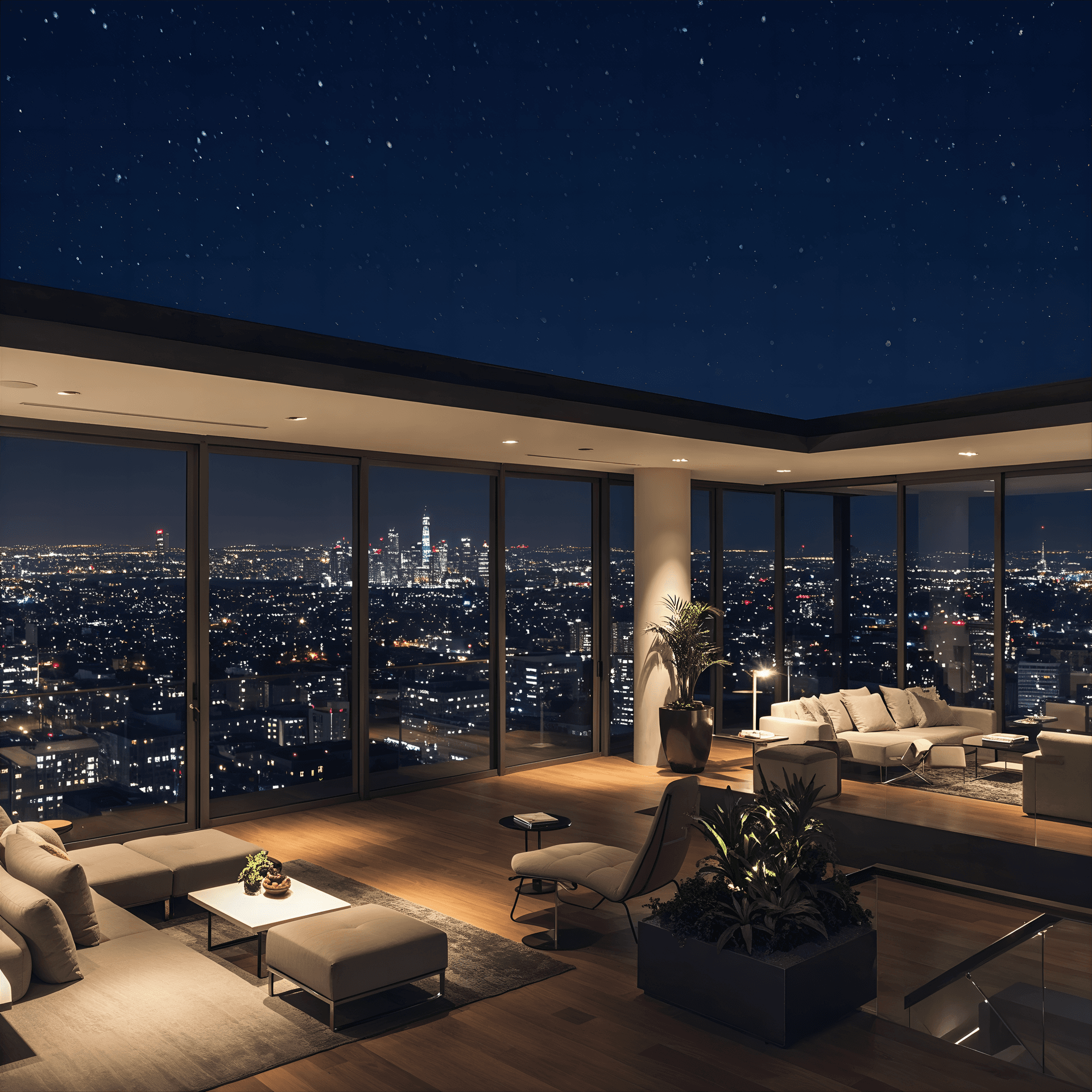 AI generated: Luxurious penthouse, panoramic city view, floortoceiling windows, modernist furniture, open floor pl...