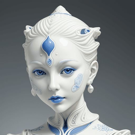 AI generated: a woman made out of porcelain, in the style of balanced symmetry, white and blue, detailed facial fe...