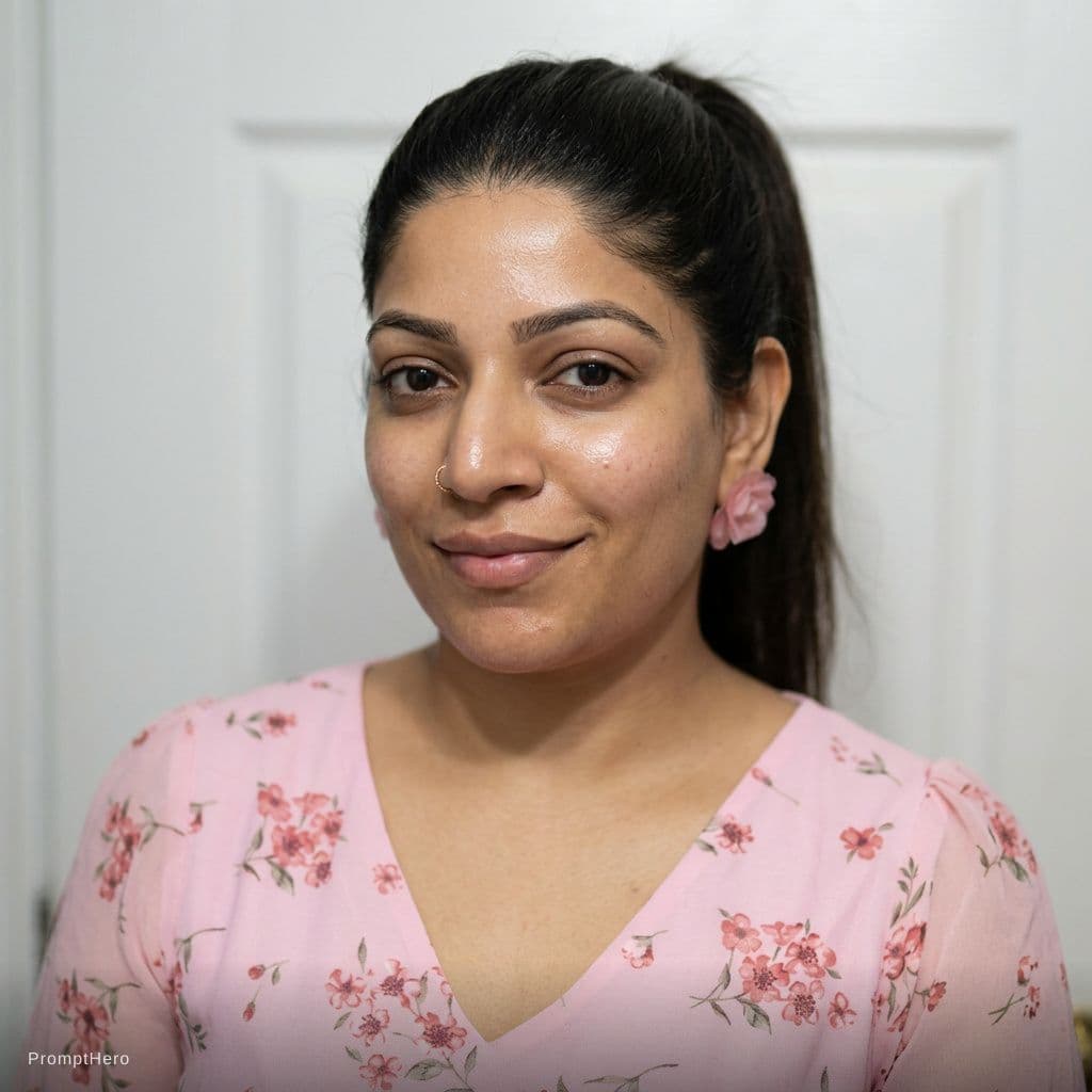 AI generated: Make her with almost no makeup and ponytail hairstyle 