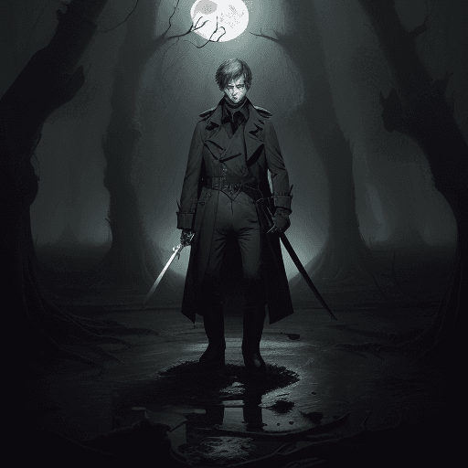 AI generated: The sillioutte of a man in a trench coat, holding a sword, short hair, long coat, boots, leather, lo...