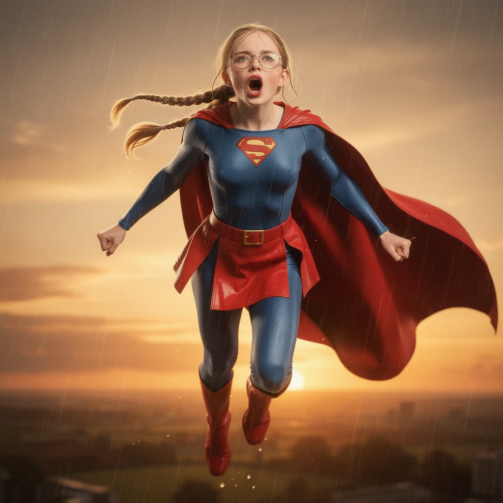 AI generated: Ultra-realistic 8K cinematic image of a heroic young English girl styled as Helen Slater's Supergirl...