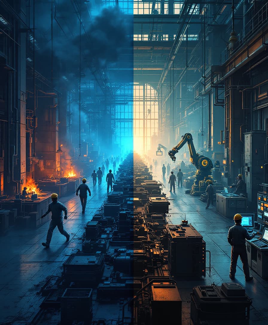 AI generated: A split-scene digital illustration showing an industrial factory environment transforming from outda...