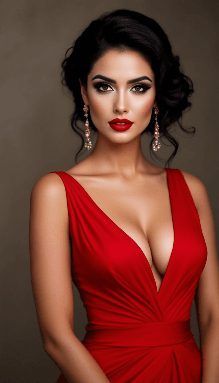 AI generated: A woman with dark hair in an elegant updo, wearing a red deep V-neck gown, bold red lipstick, and da...