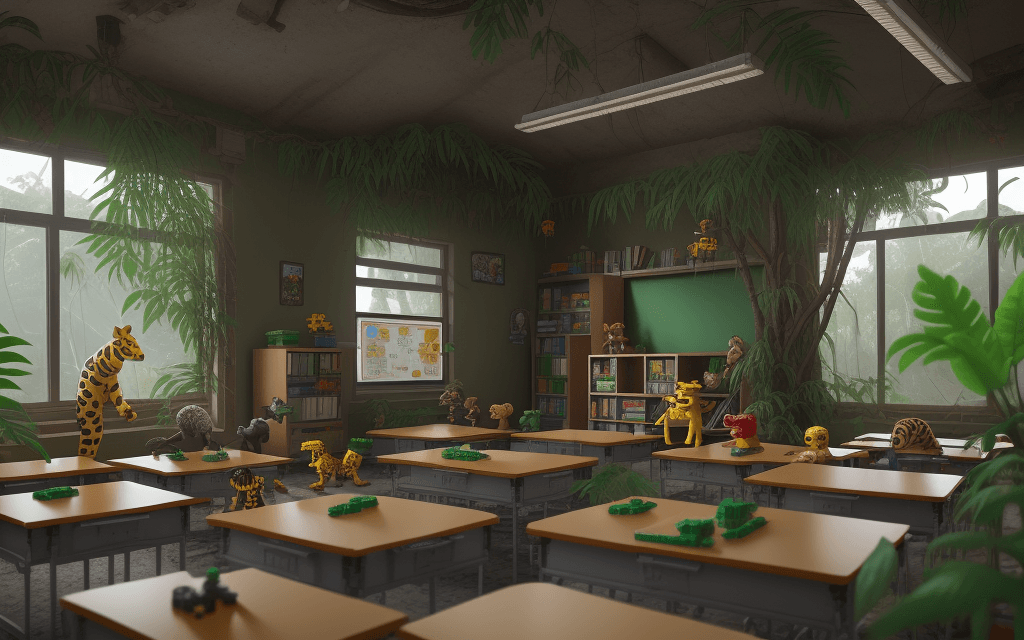 AI generated: old classroom in jungle with lego ,lego animals in that classroom , 8k
