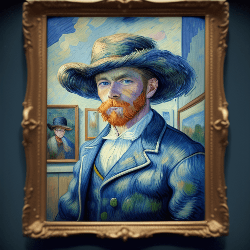 AI generated: a painting of a man wearing a hat, style of van gogh and renoir

, top - down photograph, art for th...