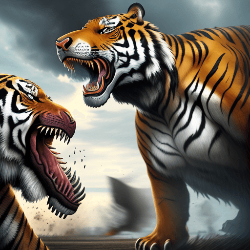 AI generated: Battle of Tyrannosaurus and Tiger