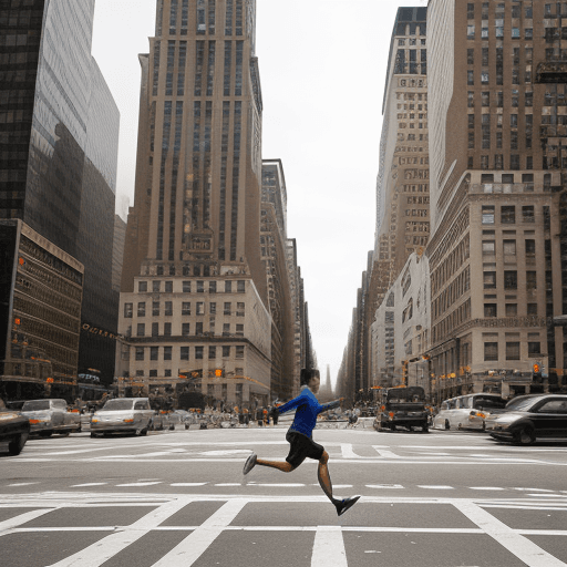 AI generated: a man running toward a portal  in the middle of Manhattan New York city