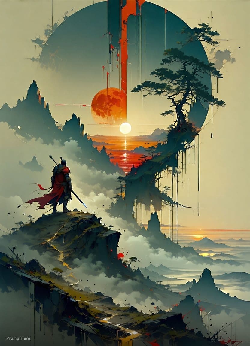 AI generated: poster of warrior princess| standing on hill |centered| key visual| intricate| highly detailed| brea...