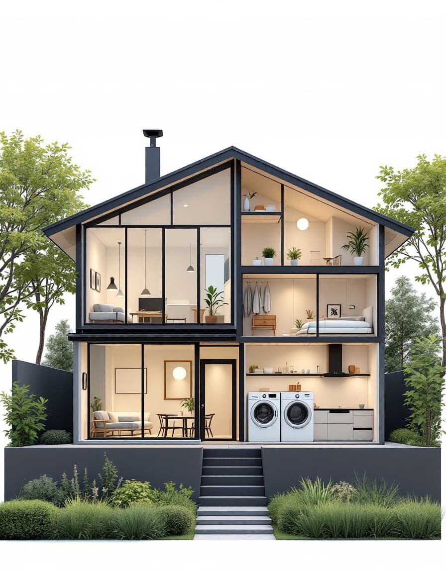 AI generated: A minimalist cross-section of a house, shown in a front-facing view. The house must include the foll...