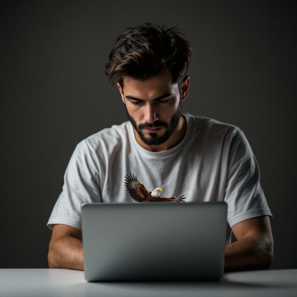 AI generated: Photo of a ultra realistic a man is alone with laptop he has t-shirt with picture eagle