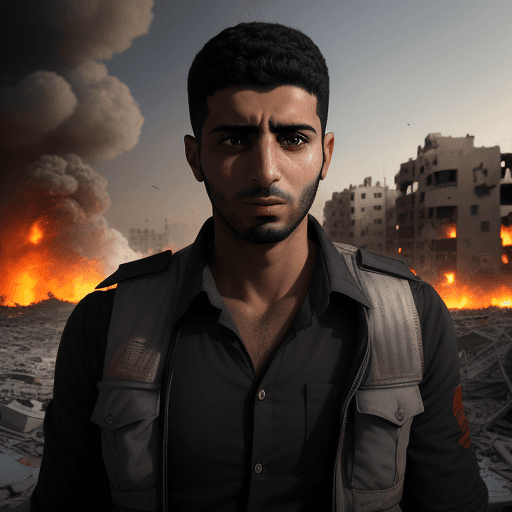 AI generated: A realistic image of a palestinian young man, 30 years old, in a war gaza city, his facial expressio...
