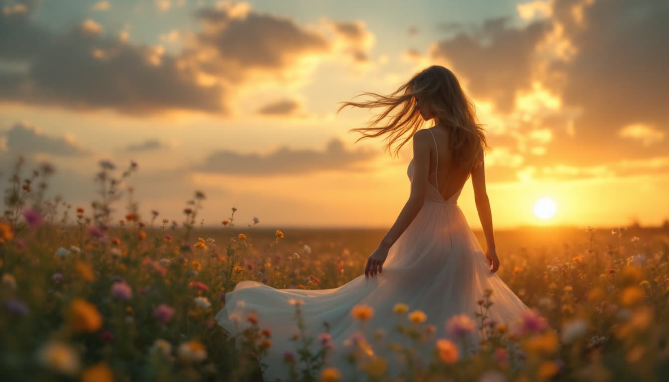 AI generated: A serene sunset scene where a woman stands gracefully in a flowing white dress blowing on wind, her ...