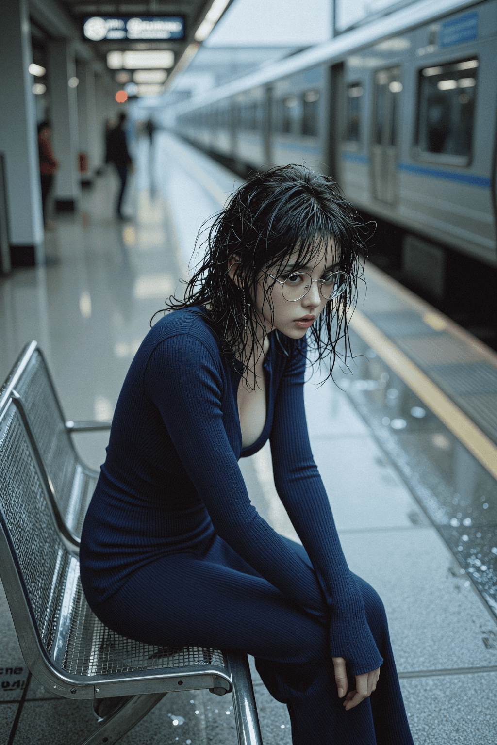 AI generated: Rainy Metro Solitude (Pensive & High-Angle)
a. Shooting Angle: High-angle bird’s-eye view looking do...