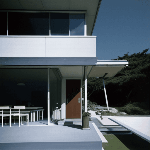 AI generated: makoto nanaya,Hyper realistic eye level exterior photo of a mid century modern style house overlooki...