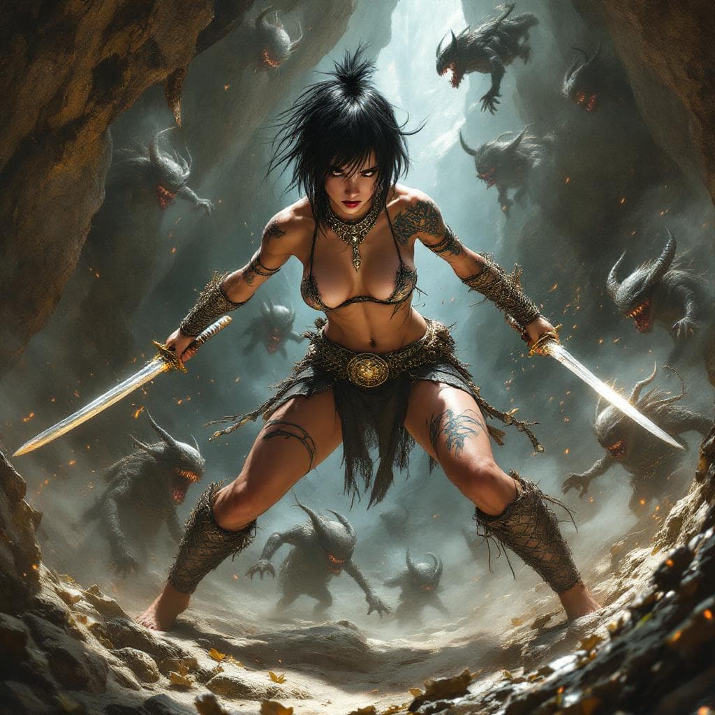 AI generated: A full body view of a (((barefoot))) Female Warrior, killing several little demons in grotto. extrem...