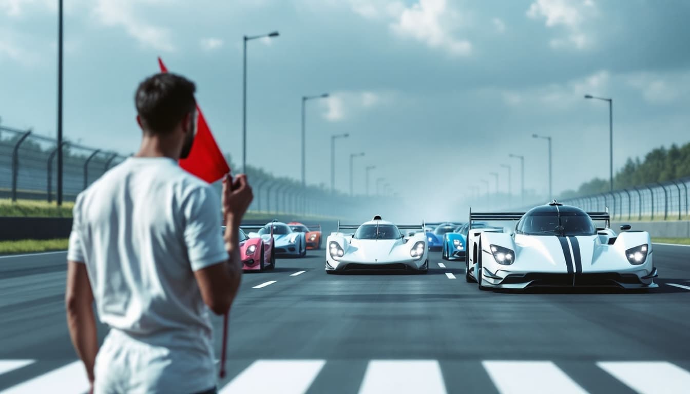 AI generated: There are 5 racing cars at the starting line.  On the side of the highway, behind the cars, there is...