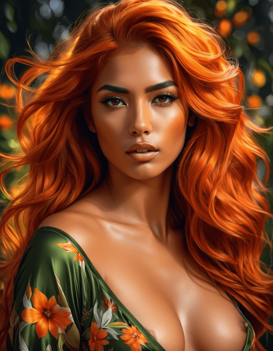 AI generated: NSFW, digital painting, stunning illustration, a gorgeous woman with orange hair and a revealing flo...