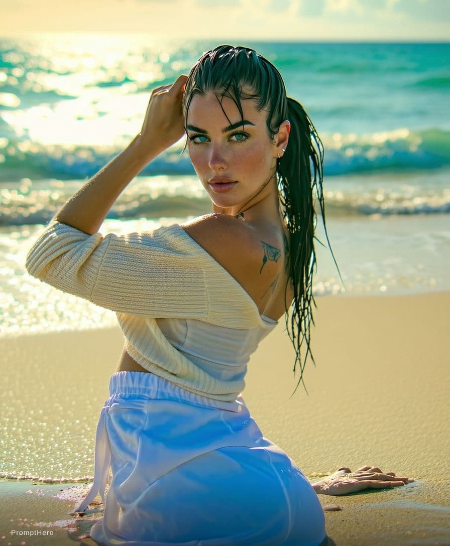 AI generated: A cinematic, photorealistic portrait of a woman relaxing on a sun-drenched tropical beach at golden ...