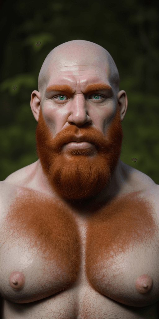AI generated: A neanderthal man portrait, bald head, long red beard, very large red nose, red cheeks and large blu...