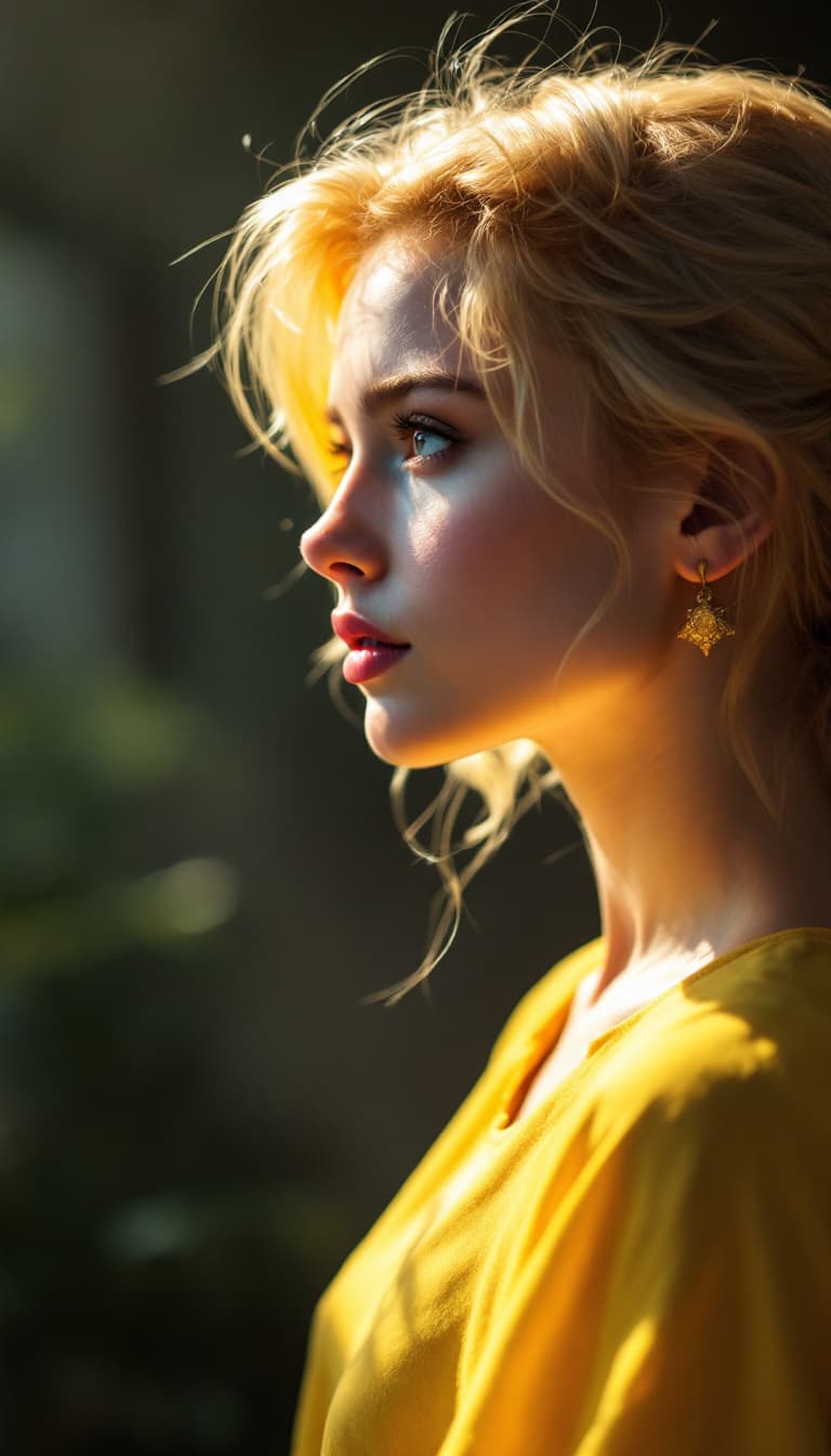 AI generated: blond girl in a yellow shirt is posing, soft, atmospheric lighting --chaos 33 --ar 1:2 --profile yru...