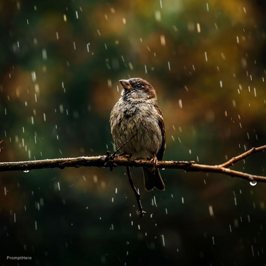 AI generated: 画像生成用プロンプトCinematic close-up shot, 9:16 aspect ratio. A small bird perched on a thin, wet tree branc...