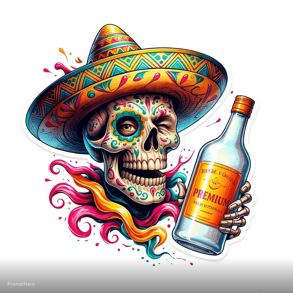 AI generated: A unique Mexican sugar skull smiling, wearing a highly detailed colorful sombrero hat, holding a fro...